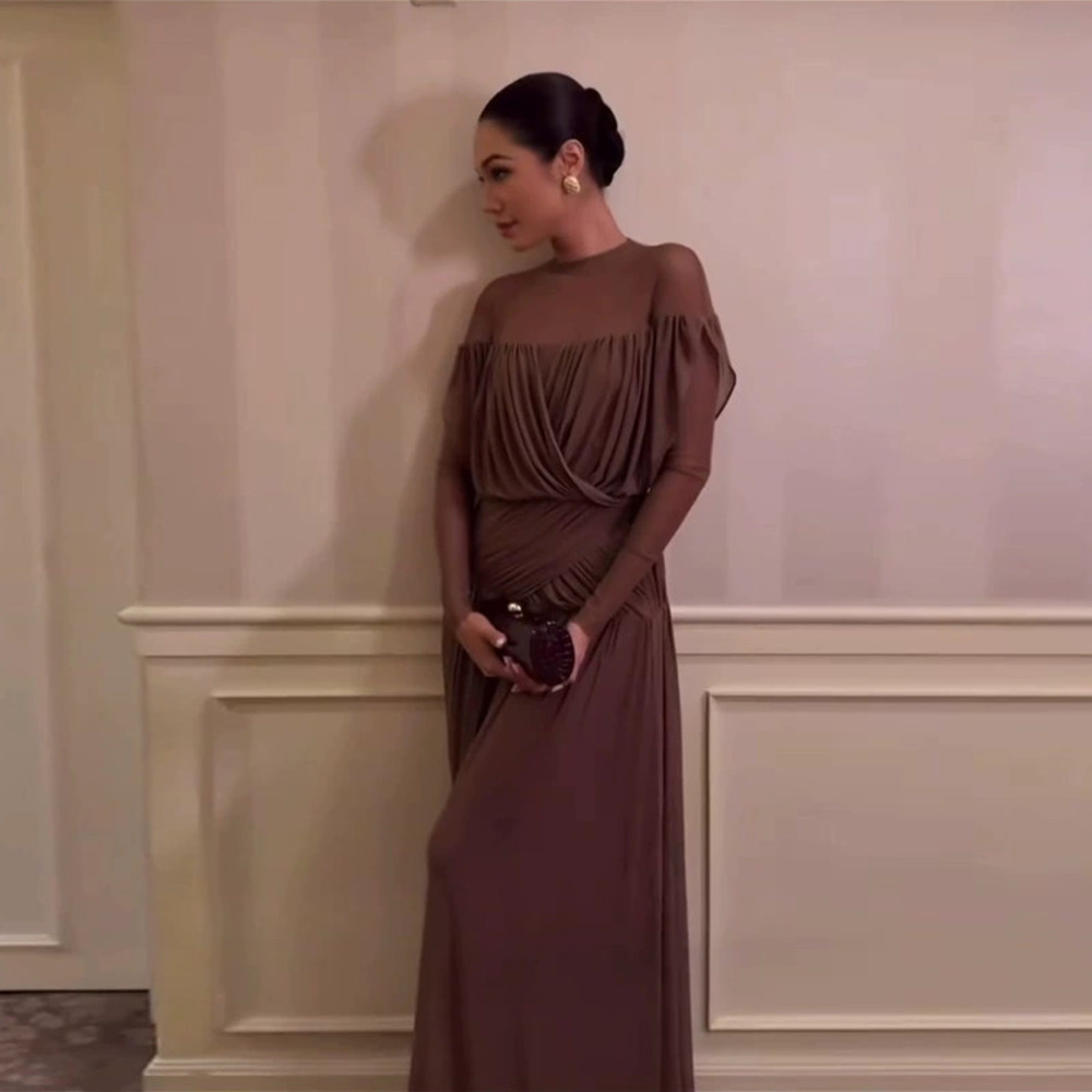 Forever 21 Elegant Dark Brown Pleated Long-Sleeve Round-Neck Maxi Dress Fall